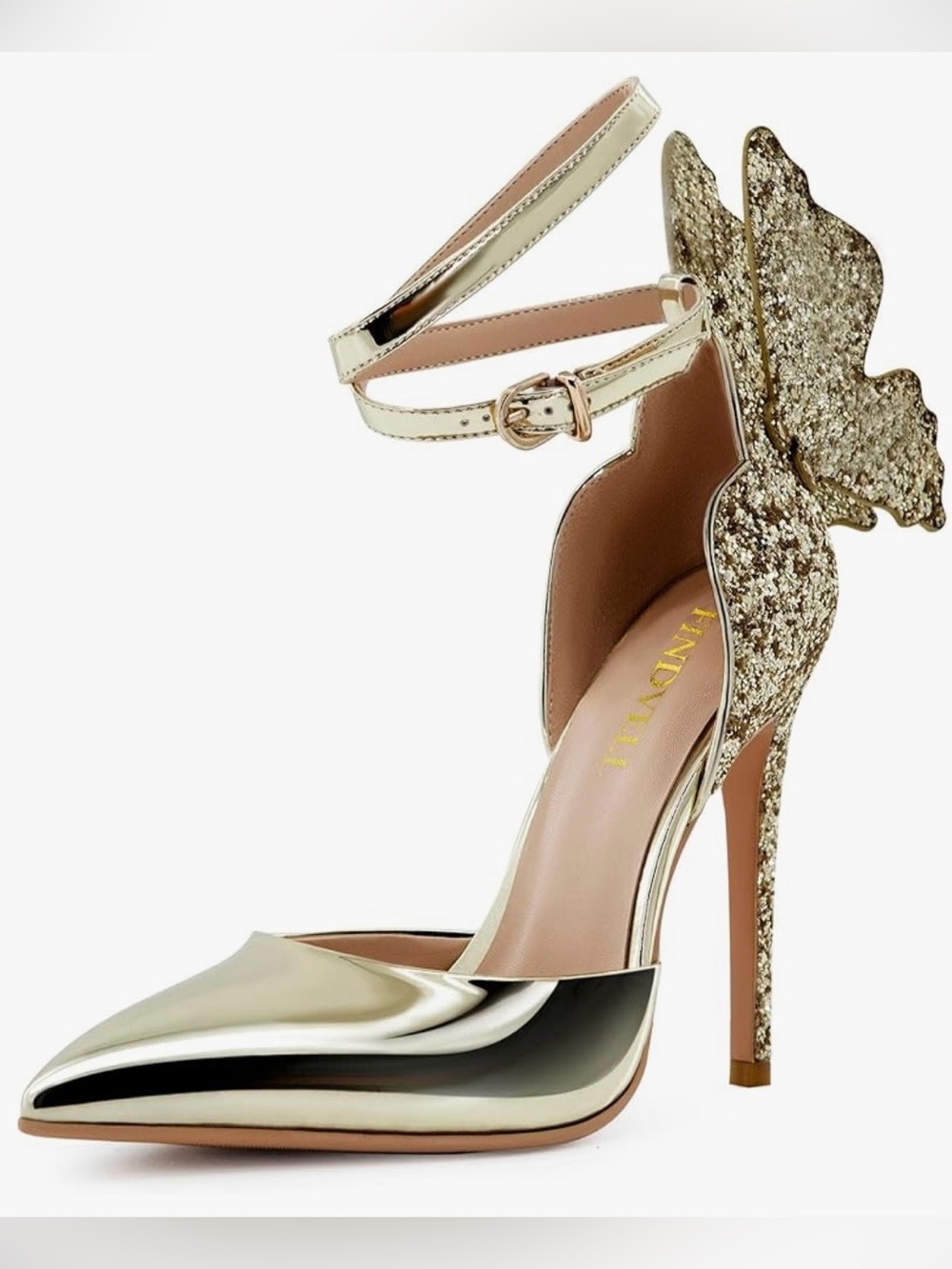 FINDVELL Gold High Heels Butterfly Back Sexy Stiletto Pumps Closed Toe SZ.7.5